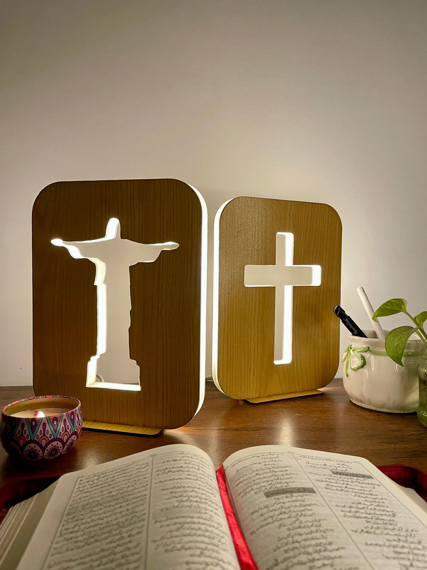 Wooden Christian LED Nigh Lamp - Christ the Redeemer Variant