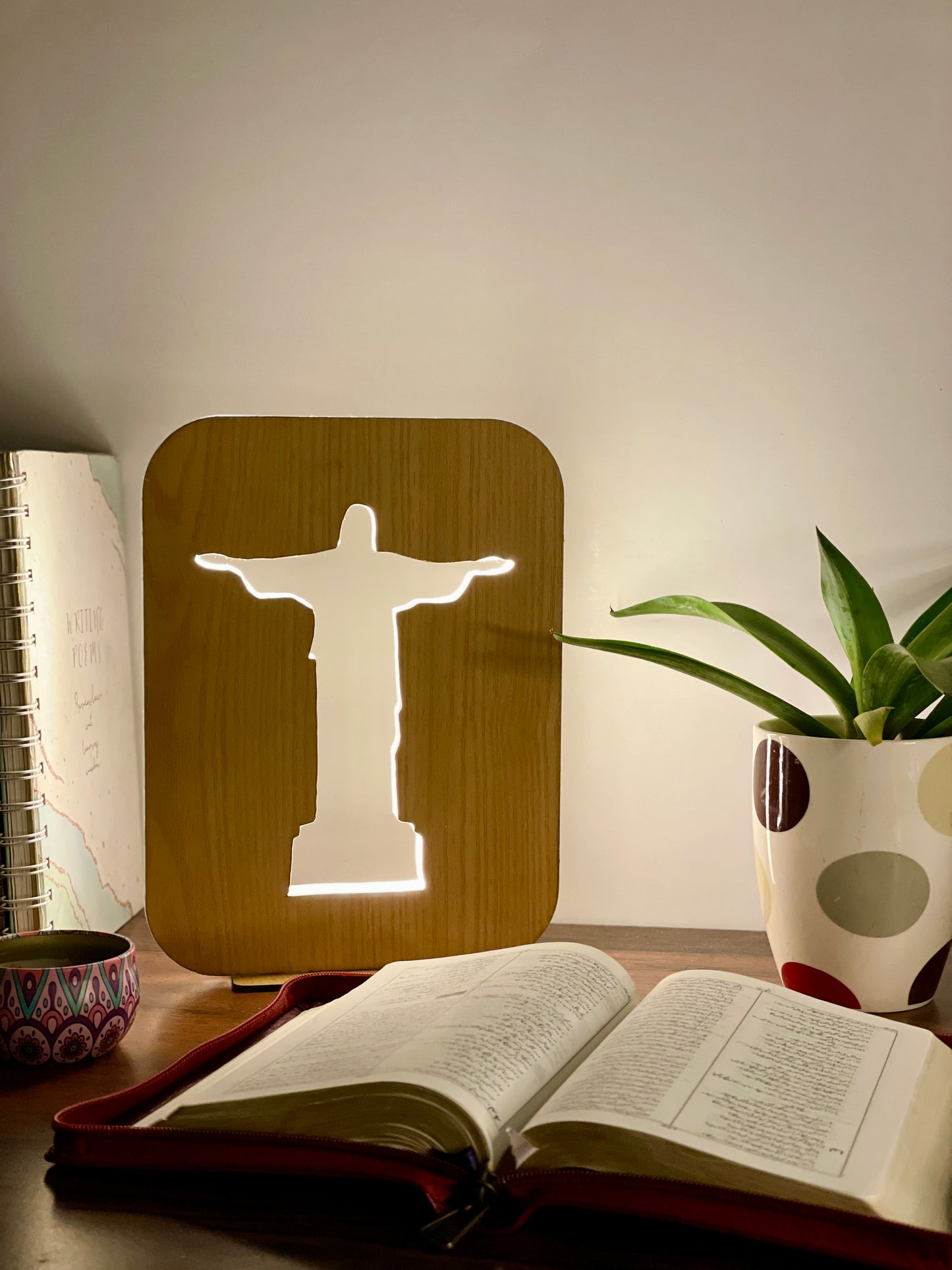 Wooden Christian LED Nigh Lamp - Christ the Redeemer Variant