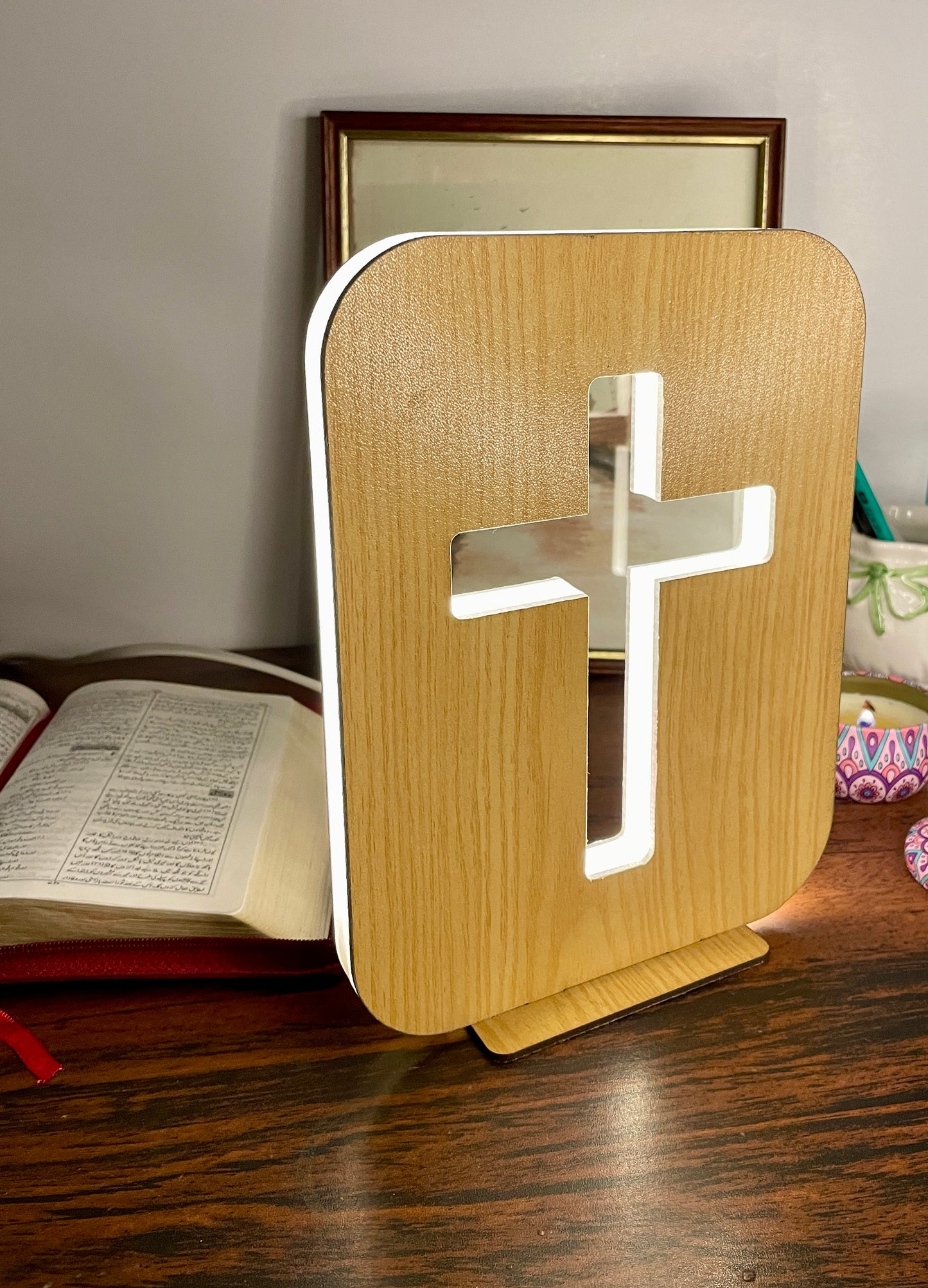 Wooden Christian LED Nigh Lamp - Holy Cross Variant